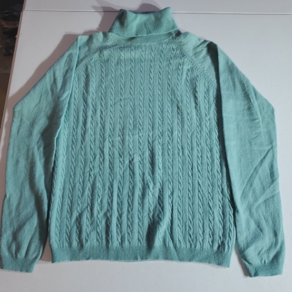 Women's Med Cashmere Cableknit Turtleneck Sweater Soft Sea Green